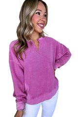 Bright Pink Notched Neck Exposed Seam Drop Shoulder Sweatshirt