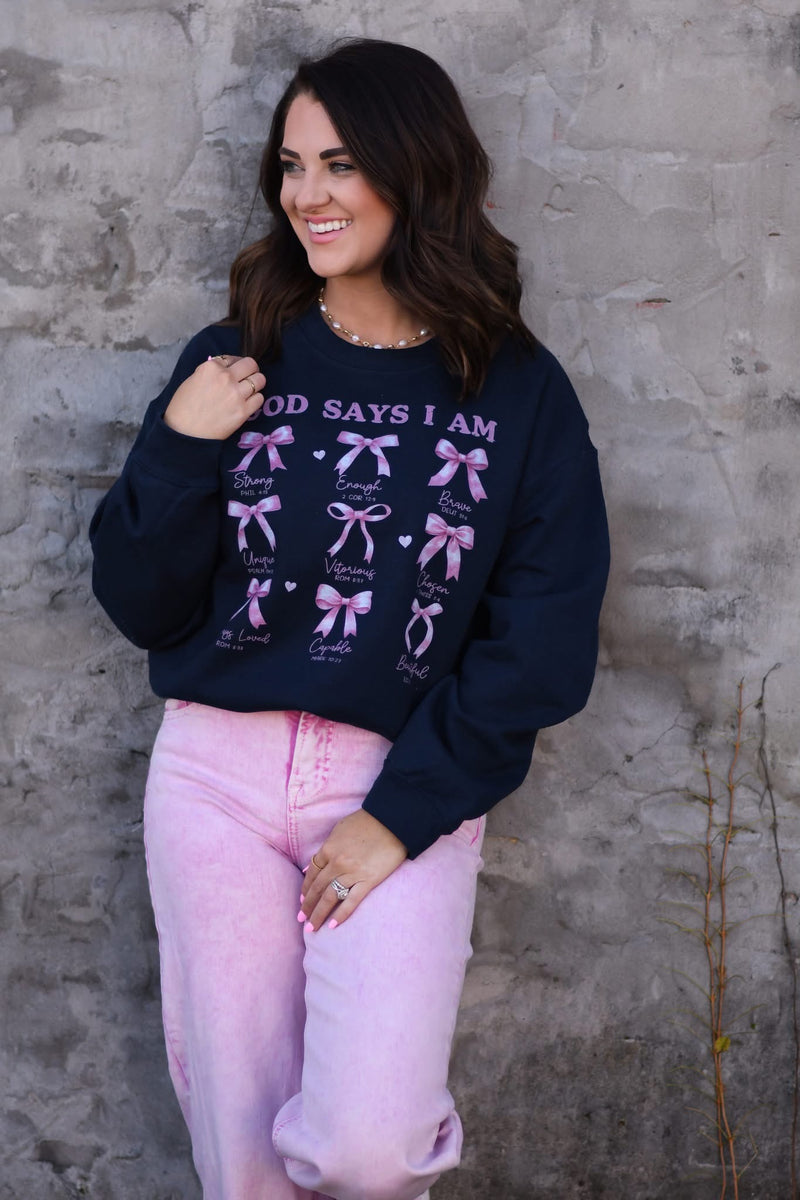 God Says I am - bows - black sweatshirt