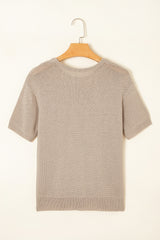 Beige Shiny Plain Short Sleeve Knit Top