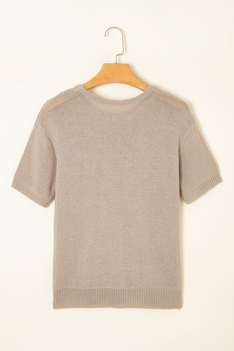 Beige Shiny Plain Short Sleeve Knit Top