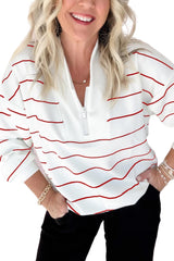 Fiery Red Striped Zipper V-Neck Drop Sleeve Top