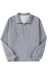 Beige Solid Textured Half Zipper Collared Sweatshirt