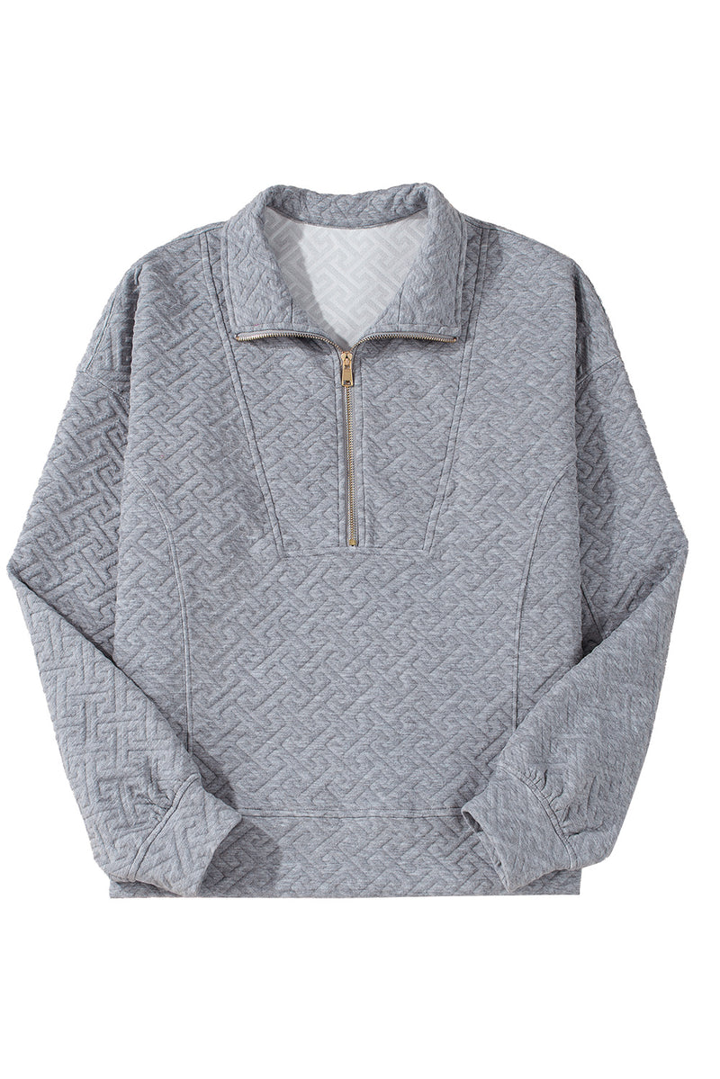 Beige Solid Textured Half Zipper Collared Sweatshirt