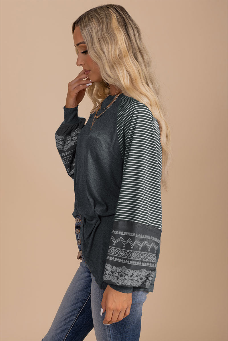 Tillandsia Purple Contrast Print Striped Raglan Long Sleeve Loose Top