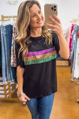 White Colorblock Sequin Mardi Gras Crewneck T Shirt
