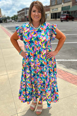 Blue Abstract Print Ruffle Sleeve Plus Size Tiered Maxi Dress