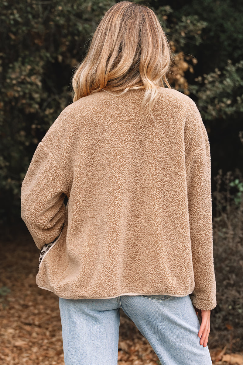 Casual Leopard Print Accent Plush Jacket with Pockets