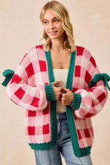 Pink Colorblock Checkered Open Front Knit Cardigan