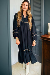 Black Contrast Leopard Trim Split Neck Long Sleeve Casual Midi Dress