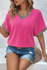 Bright Pink Leopard Patchwork Corded Texture V Neck T Shirt