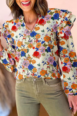 Apricot Ruffled Shoulder Long Sleeve Floral Blouse