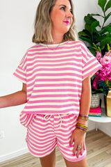 Rose Stripe Crew Neck T Shirt and Drawstring Shorts Set
