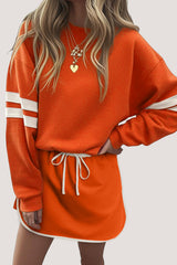 Fiery Red Varsity Stripe Detail Drop Shoulder Pullover Mini Skirt Set