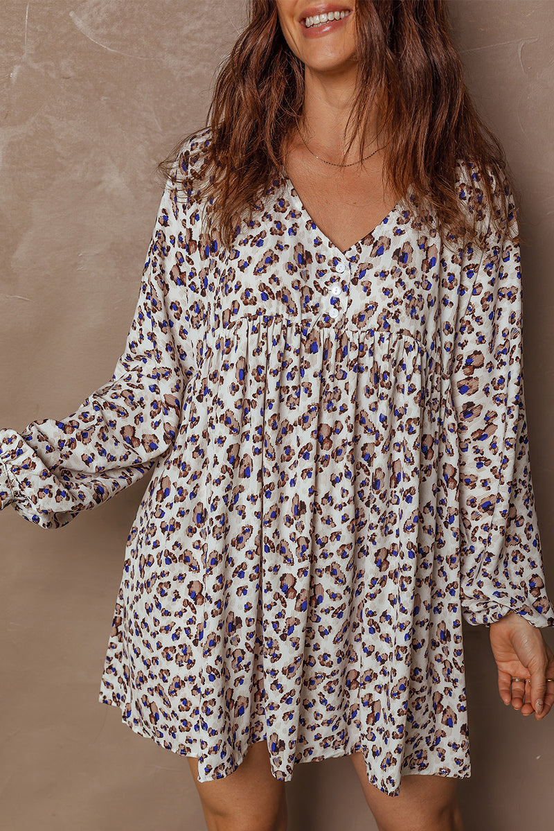 Multicolour Unique Leopard Print V Neck Button Detail Long Sleeve Mini Dress