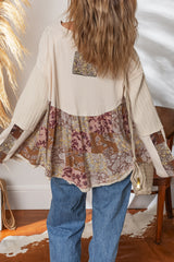Beige Paisley Ethnic Print Waffle Patchwork Long Sleeve Loose Top