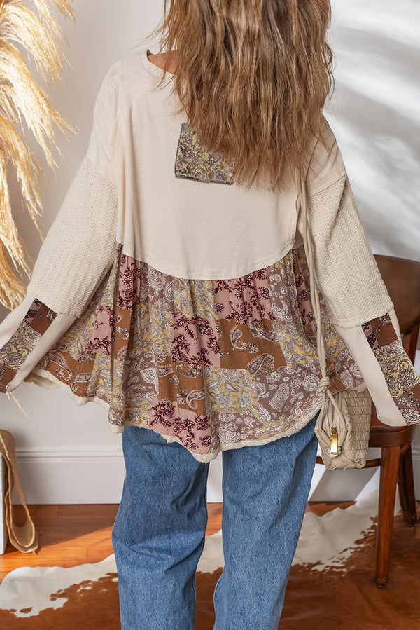 Beige Paisley Ethnic Print Waffle Patchwork Long Sleeve Loose Top