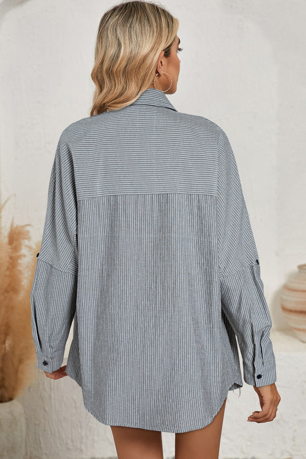 Sky Blue Stripe Roll Tab Sleeve Pocketed Tunic Shirt