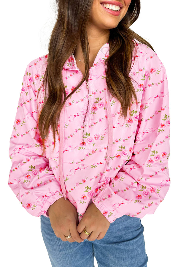 Pink Floral Print Half Zip Kangaroo Pouch Drawstring Hoodie