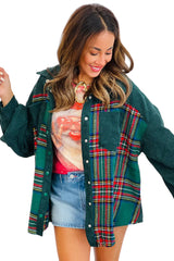 Evergreen Corduroy & Plaid Patchwork Raw Hem Pocket Shacket