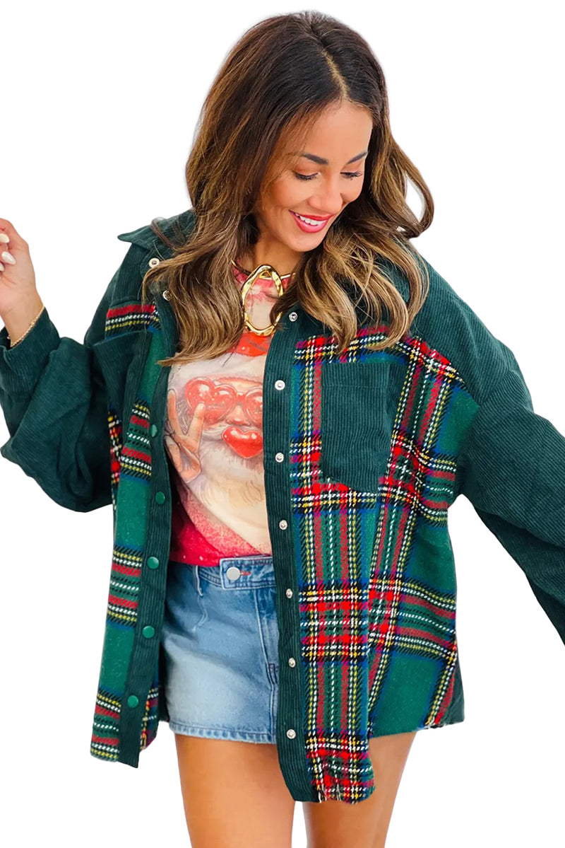 Evergreen Corduroy & Plaid Patchwork Raw Hem Pocket Shacket