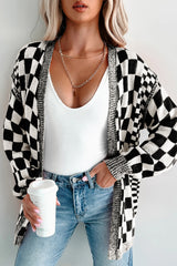 Brown Checkered Open Front Drop Shoulder Cardigan
