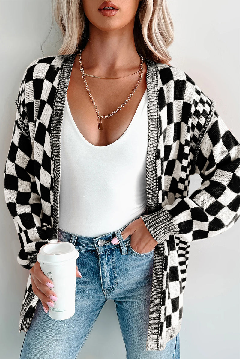 Brown Checkered Open Front Drop Shoulder Cardigan