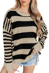 Brown Stripe Drop Shoulder Sleeve Patchwork Baggy Sweater
