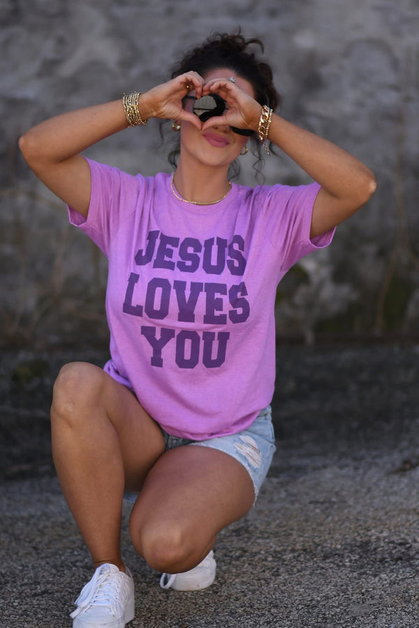 Jesus Loves you purple tee
