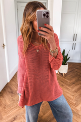 Coral Crochet Hollow-out Knit Sweater