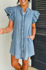 Red Sandalwood Frilled Detail Button Down Ruffle Short Sleeve Denim Mini Dress