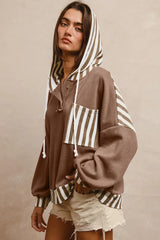 Straw Yellow Waffle Texture Striped Patchwork Drawstring Henley Hooded Top
