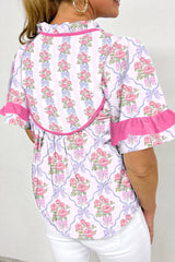 Purple Coquette Floral Bow Printed Contrast Ruffled Short Sleeve Blouse