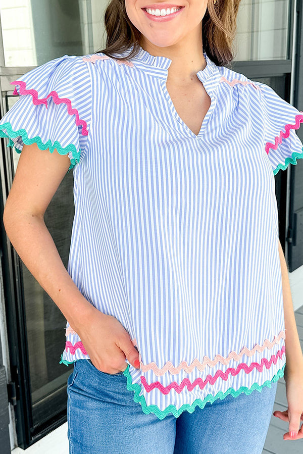 Wholesale Sky Blue Striped Ricrac Splicing Frill V-Neck Blouse