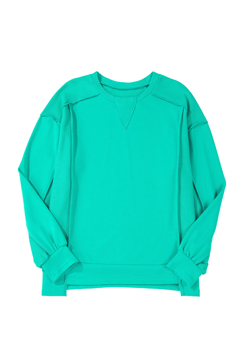 Beige Plain Exposed Seam Round Neck Pullover Sweatshirt