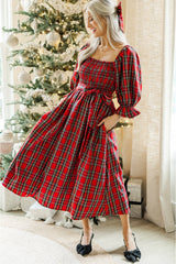 Green Plaid Square Neck Puff Sleeve Bowknot Waist Flared Midi Dress