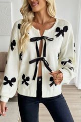 White Lace-Up Front Bow Pattern Round Neck Knit Cardigan