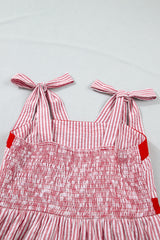 Red Stripe Bow Knot Straps Contrast Trim High Waist Ruffle Hem Maxi Dress