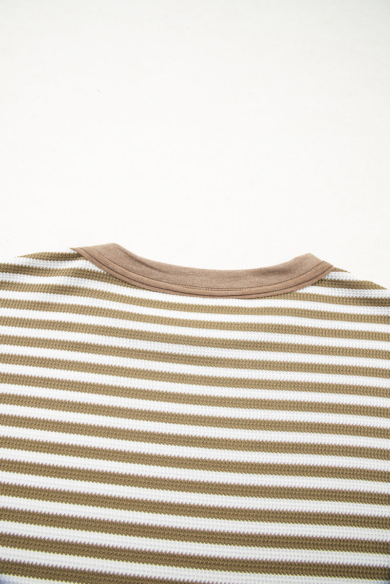 Khaki Stripe Patchwork Knit Drop Shoulder Top