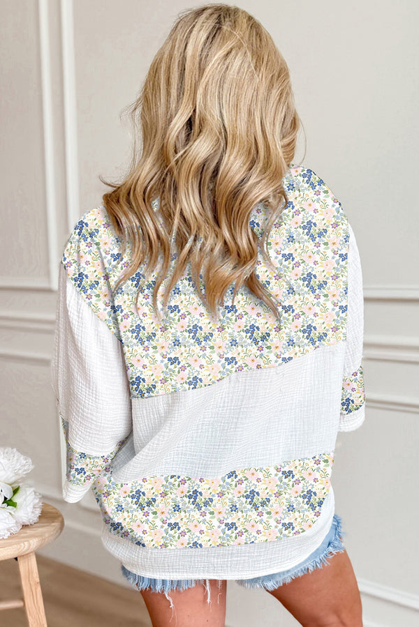 Sky Blue Floral Print Crinkle Patchwork Henley Blouse