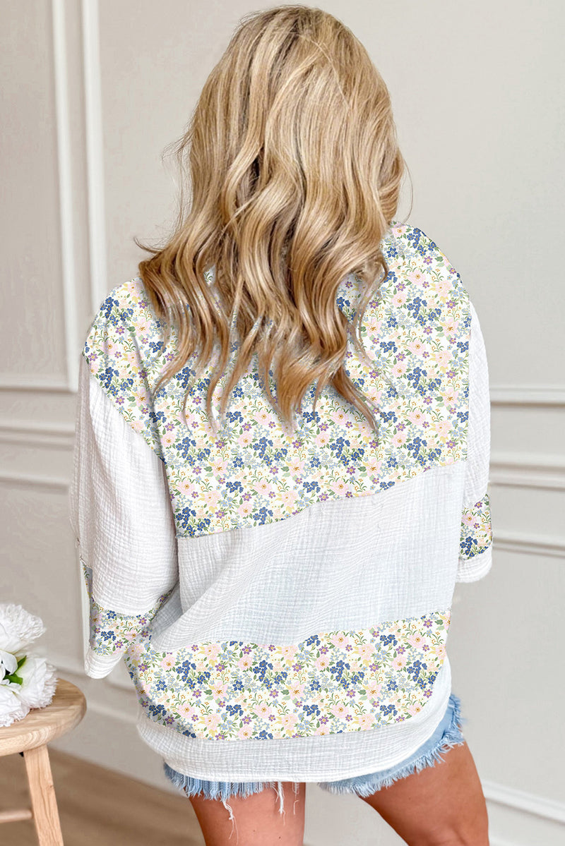 Sky Blue Floral Print Crinkle Patchwork Henley Blouse
