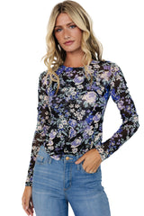 Green Floral Print Mesh Long Sleeve Top