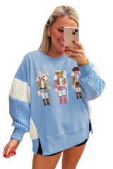 Light Pink Sequin Nutcracker Textured Sleeve Patchwork Sweatshirt