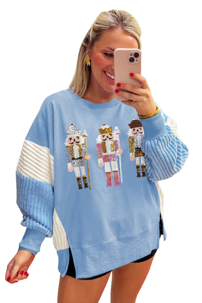 Light Pink Sequin Nutcracker Textured Sleeve Patchwork Sweatshirt