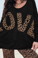 Black Oversized Leopard LOVE Letter Graphic Round Neck Sweatshirt