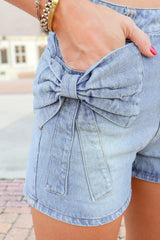 Beau Blue Bow Detail Denim Shorts with Pockets