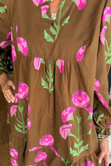 Brown Contrast Floral Print Babydoll Tunic Ruffled Hem Puff Sleeve Dress