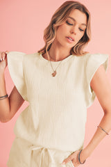 Black Textured Ruffle Sleeve Tee and Drawstring Shorts Set
