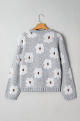 Gray Cute Flower Print V Neck Drop Shoulder Baggy Sweater