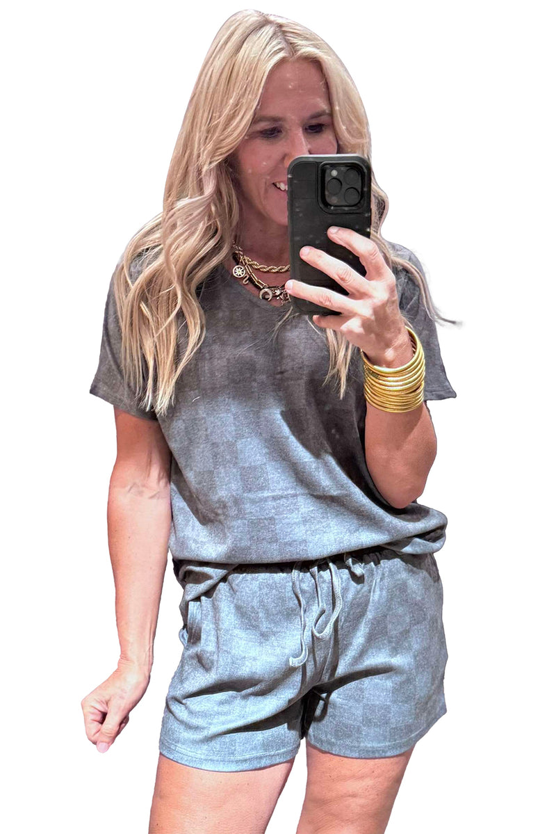 Gray Checkered V Neck Tee and Drawstring Shorts Pajama Set