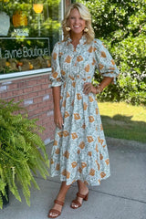 Brown Floral Printed Frilled V Neck Bracelet Sleeve Long Dress